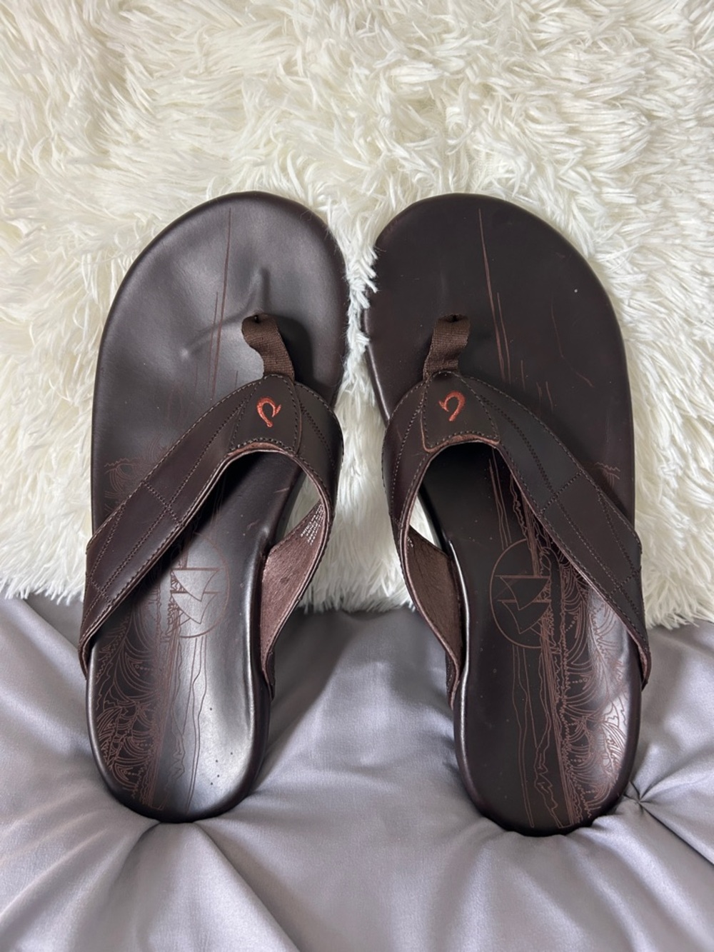 Men’s OluKai Brown Leather Flip-Flops with Orange Logo. Size 12! Worn only once!